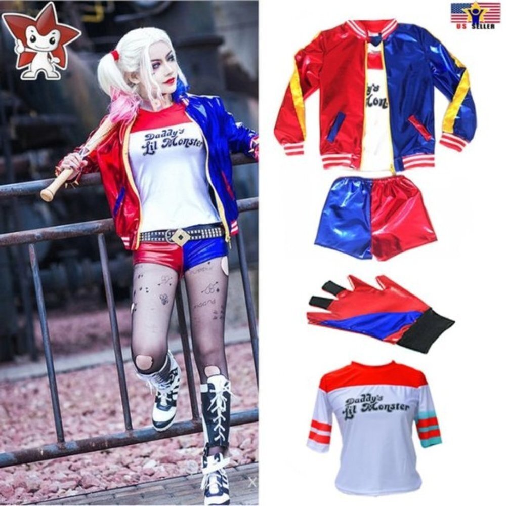 Costume Suicide Squad Harley Quinn Adult shirt Jacket Coat Short Glove S…